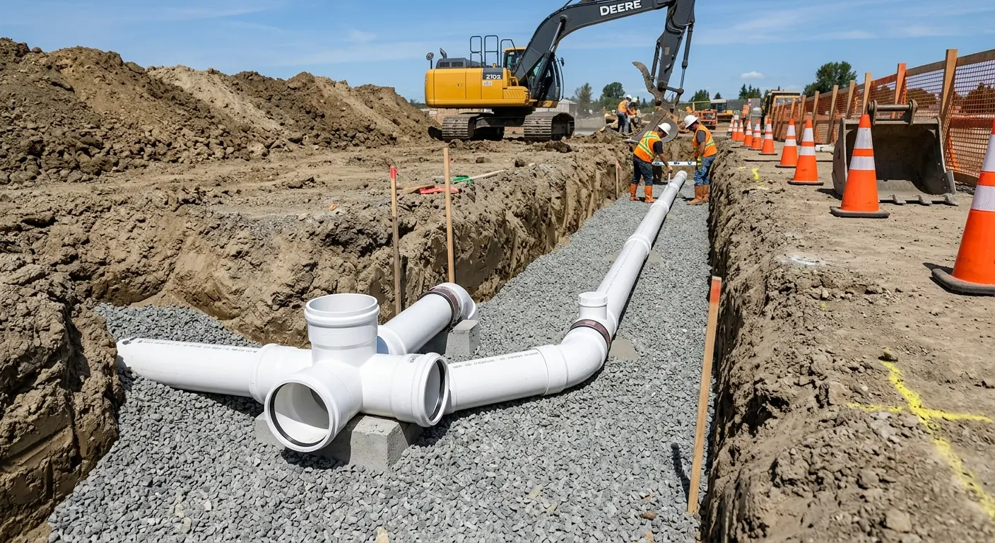 New PVC sewer pipe installation in open trench for Grease Trap Cleaning in Madison